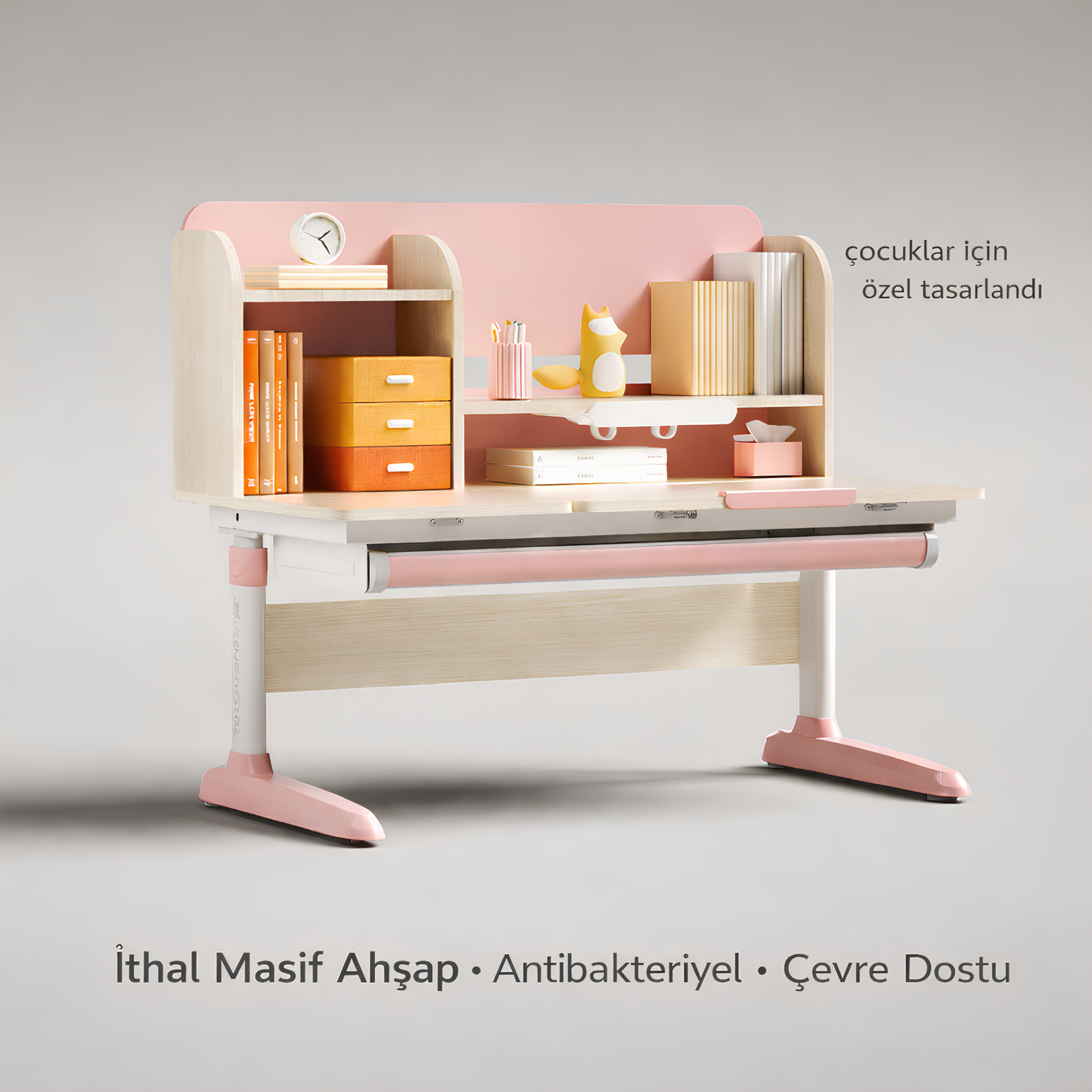 Spark Yükseklik Ayarlı Kitaplıklı Çocuk Çalışma Masası – Kitaplıklı Ergonomik Çocuk Çalışma Masası - Pembe