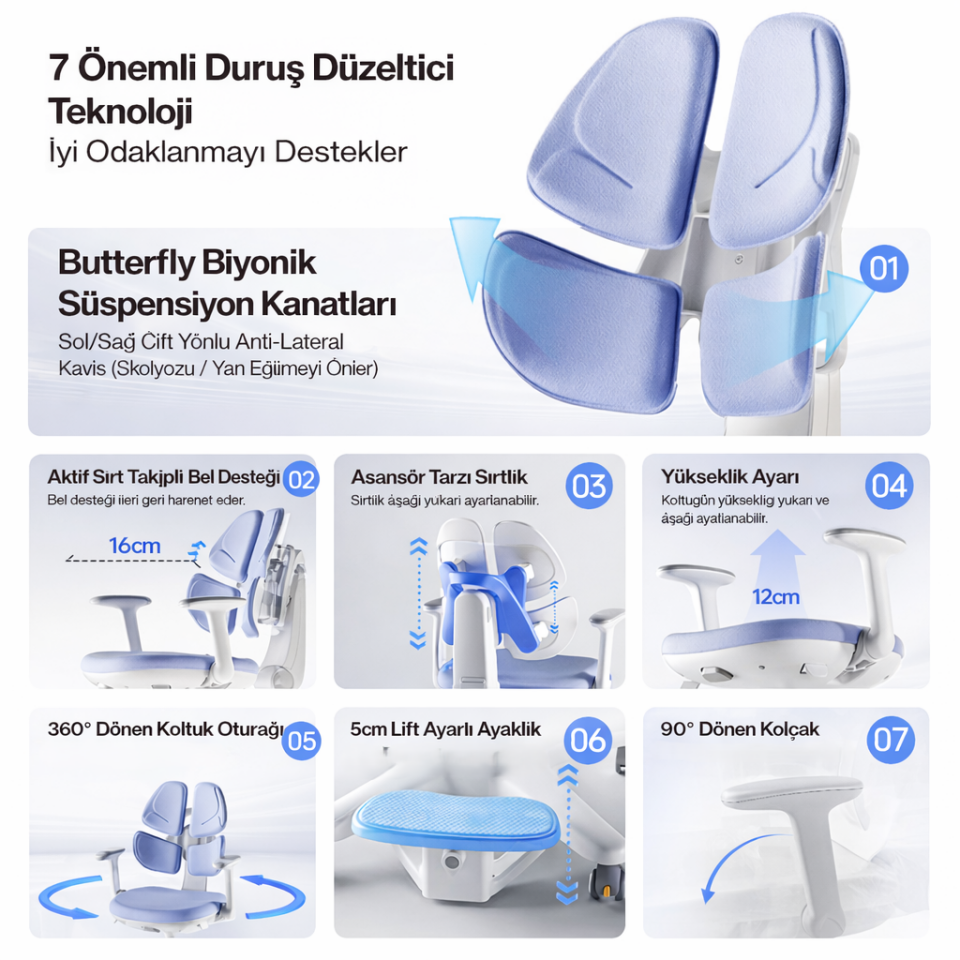 Butterfly Ergonomik Çocuk Çalışma Sandalyesi - Pudra Pembe