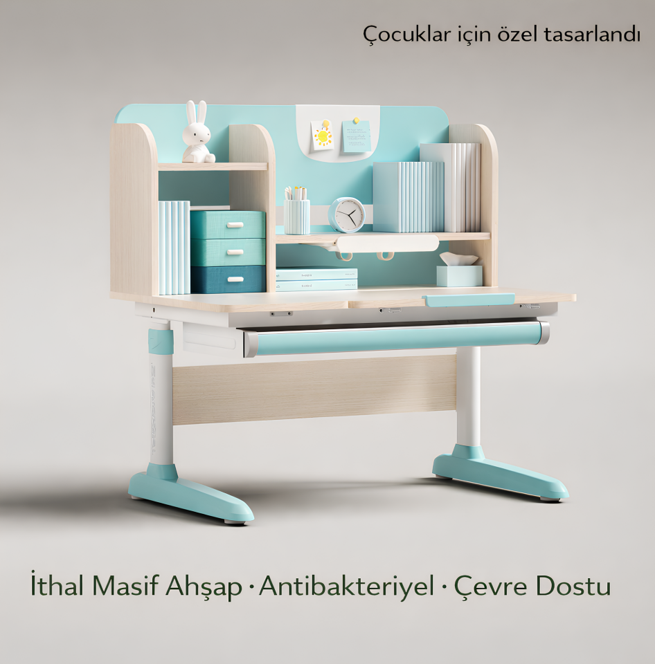 Spark Yükseklik Ayarlı Kitaplıklı Çocuk Çalışma Masası – Mavi - Kitaplıklı Ergonomik Çocuk Çalışma Masası